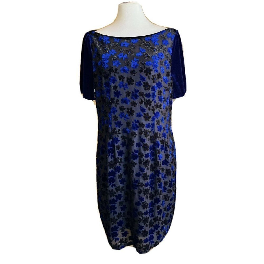 T Tahari Women's Blue Riley Floral Velvet Boat neck Burnout Dress Size L - Picture 11 of 12